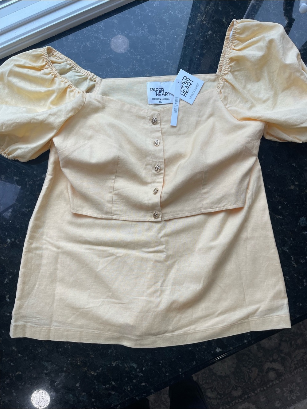 Paper Heart Pale Yellow Puff-Sleeve Square-Neck Blouse & skirt set